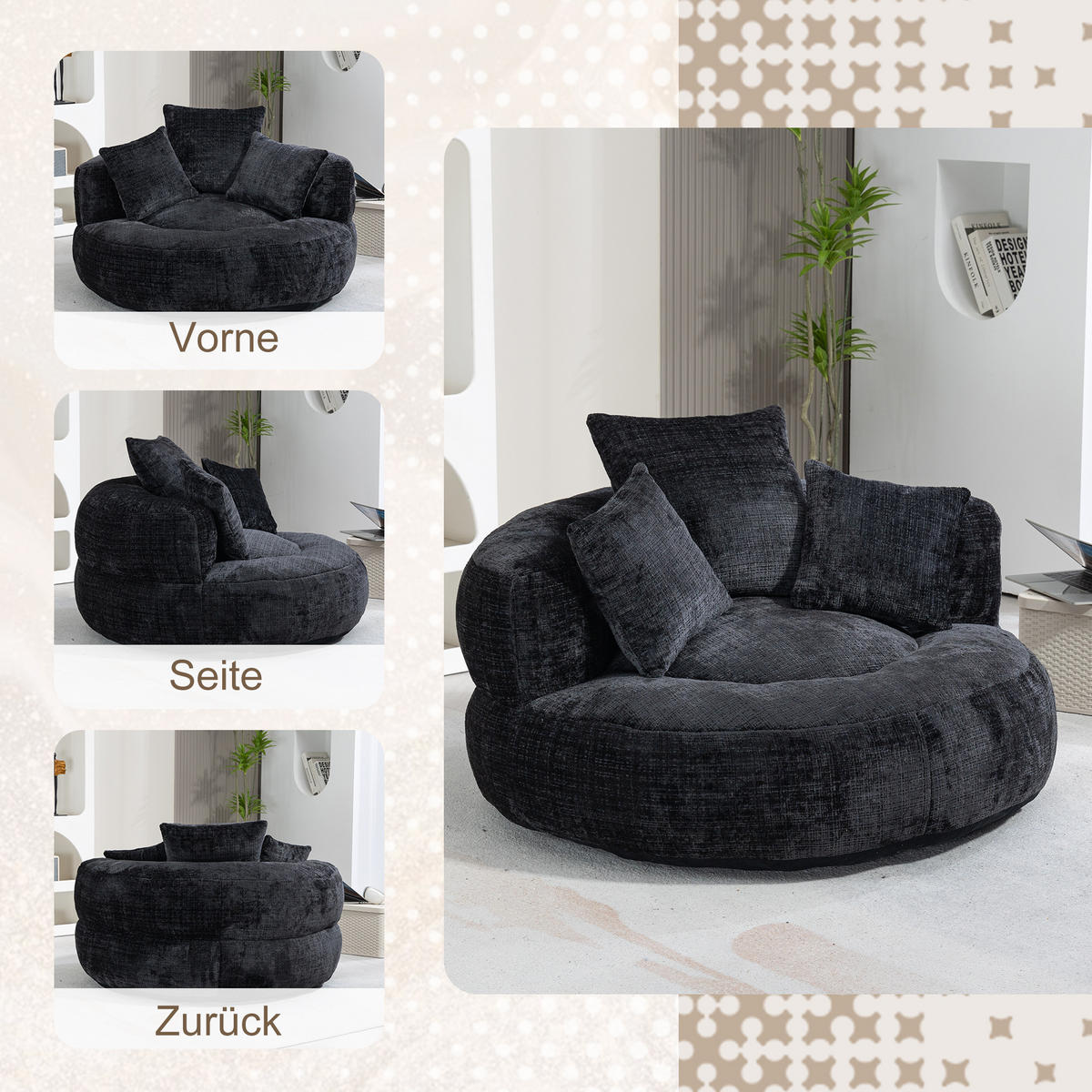 KŘESLO žinylkové podlahové křeslo, kulaté, s polštářem - černá, textil (108/52/108cm) - Urban Meuble