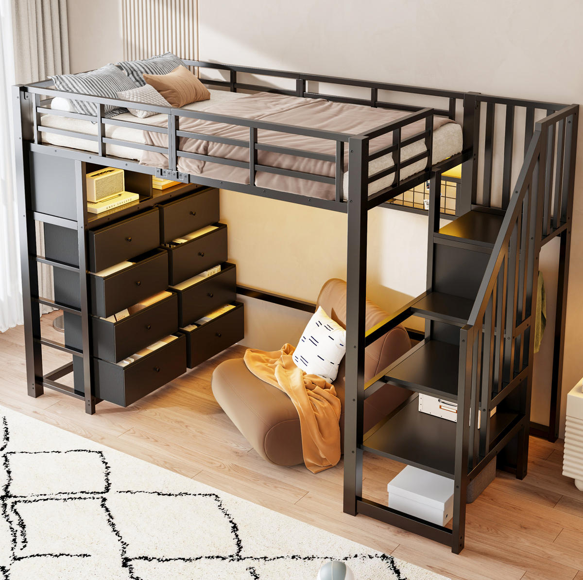 HOCHBETT Metall/MDF 90x200 cm Schwarz mit 8 Schubladen, Treppe, Kleiderschrank und LED - Schwarz, Holzwerkstoff (90/200cm) - Modfu