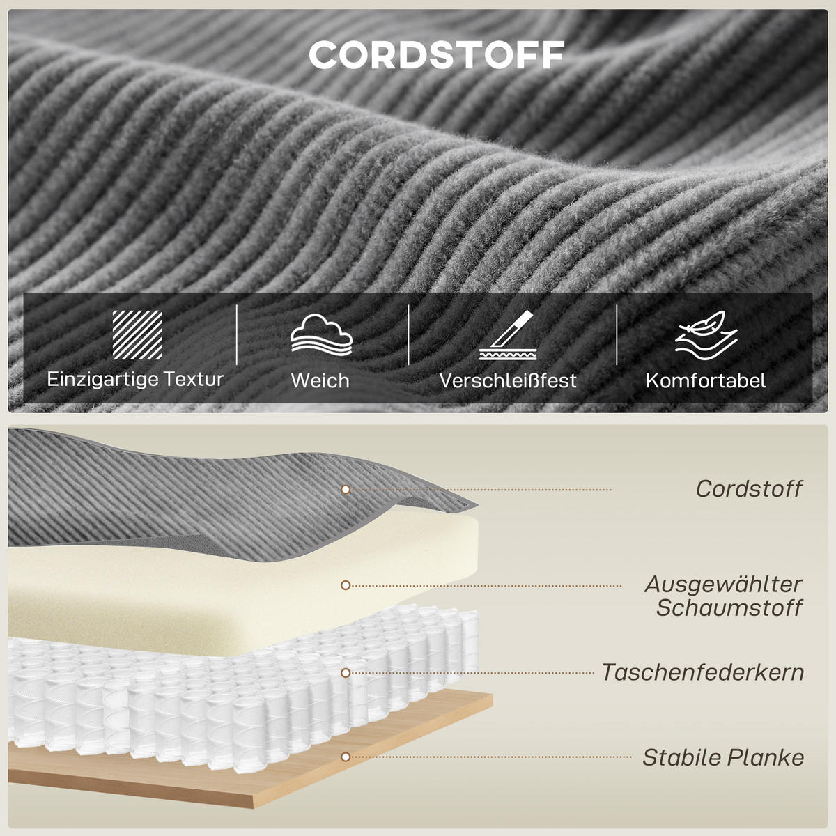 SOFA 3-Sitzer aus Polyester Hellgrau - Hellgrau/Schwarz, Holzwerkstoff/Kunststoff (79/91/218cm) - HOMCOM