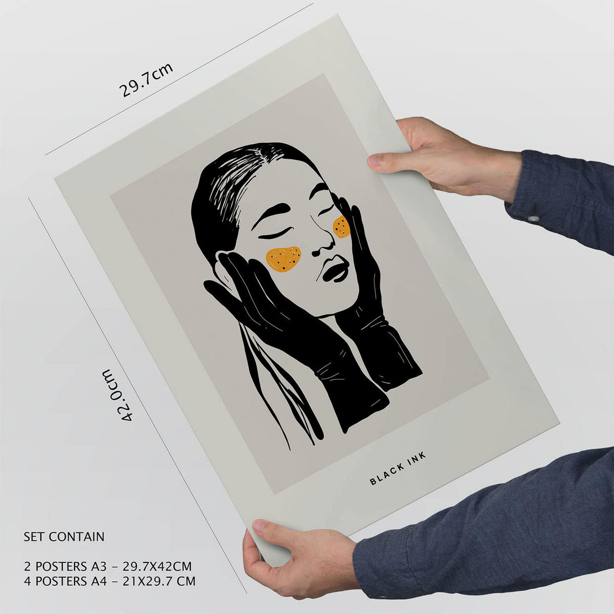 POSTER Set Mit 6 In Schwarzer Tinte Anspruchsvoll Künstlerische Und Abstrakte Drucke Für Innenarchitektur A3 & A4 Rahmen Aus Hellem Holz - Beige, Papier (29/3cm) - Nacnic