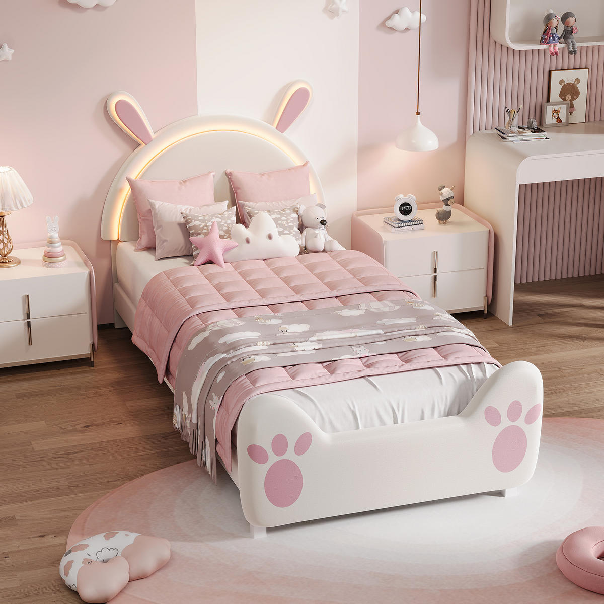 KINDERBETT 90 x 200 cm mit LED Hasenohren Kopfteil, Polsterbett mit Lattenrost, Samtstoff, für Kinder, Mädchen - Pink, Holz/Holzwerkstoff (90/200cm) - BursDany