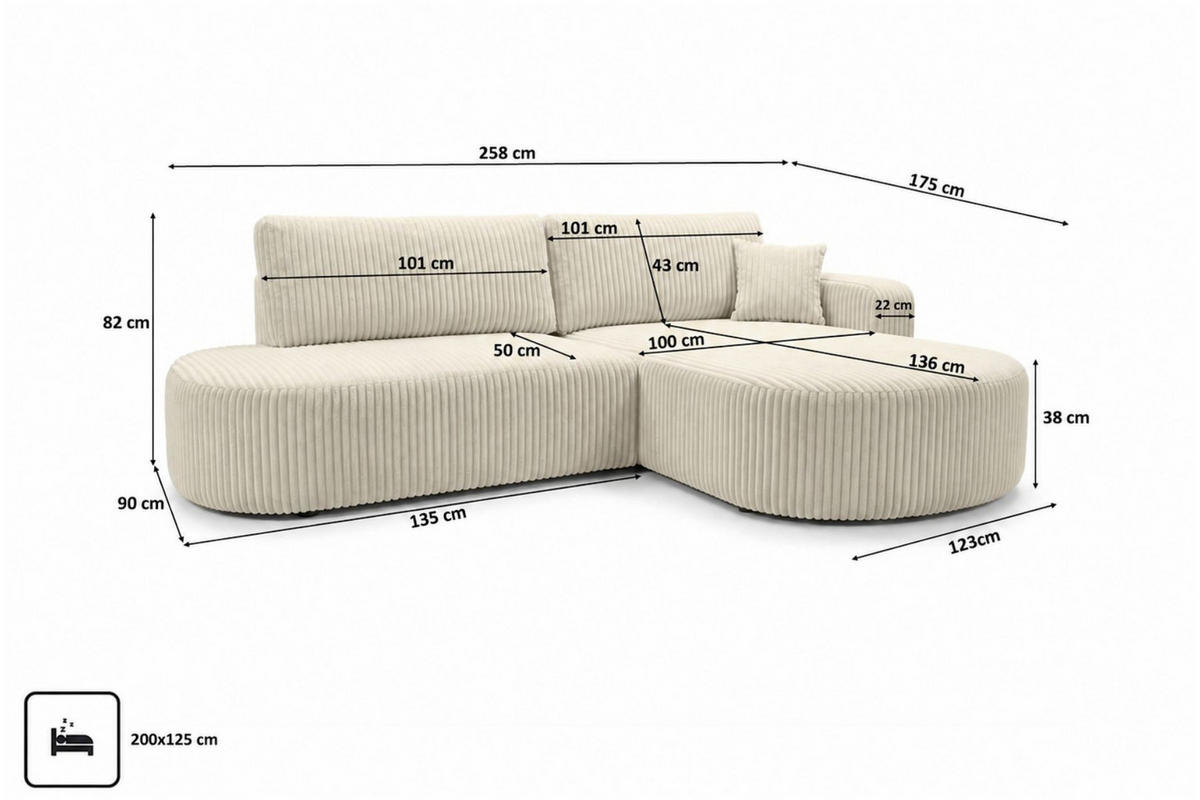 ECKSOFA Mit Schlaffunktion Und Bettkasten, Cordstoff Tilia, Ecru, Rechts, ROUND ONE OPEN XL - Ecru, Holz (258/175cm) - Kaiser Möbel