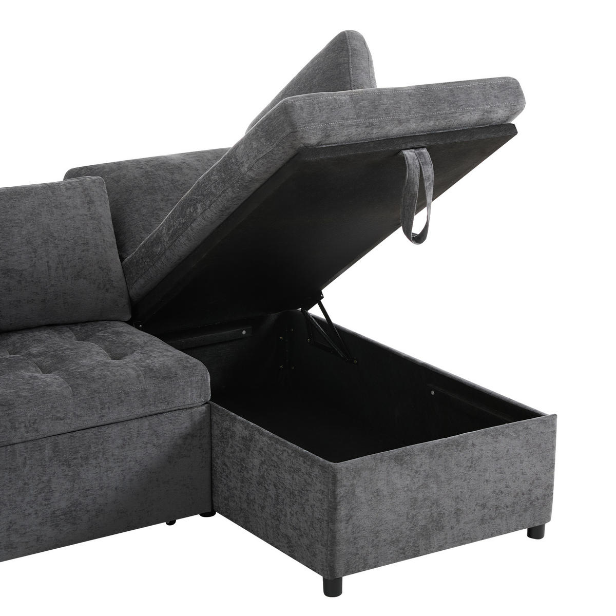 ECKSCHLAFSOFA Chenille Dunkelgrau mit Schlaffunktion, Stauraum, USB und Kissen - Dunkelgrau, Holzwerkstoff/Kunststoff (209/130cm) - WISHDOR