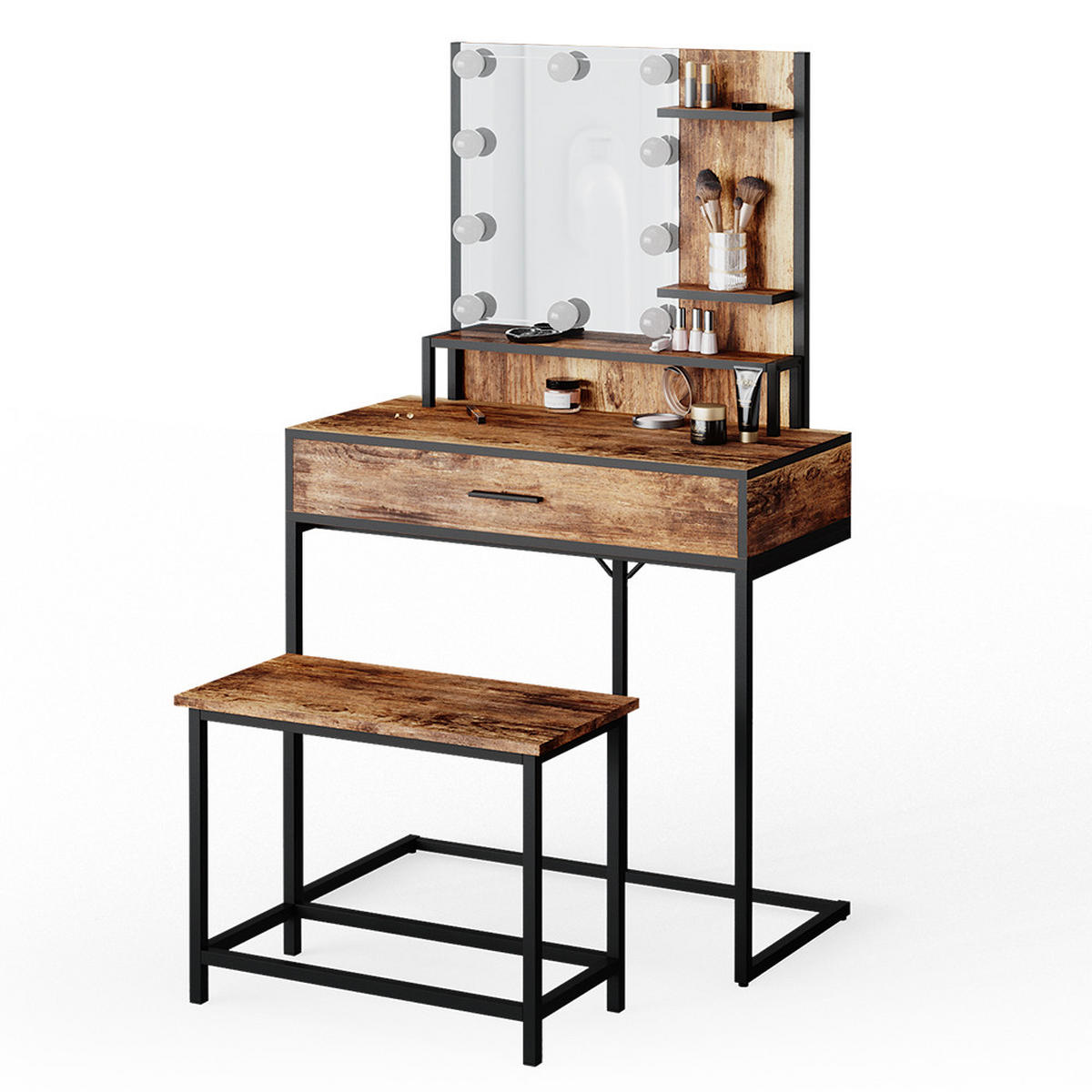 SCHMINKTISCH Fyrk Antikholz 80 cm mit LED Beleuchtung und Stuhl - Alteiche/Schwarz, Holzwerkstoff (80/135.5/40cm) - Vicco