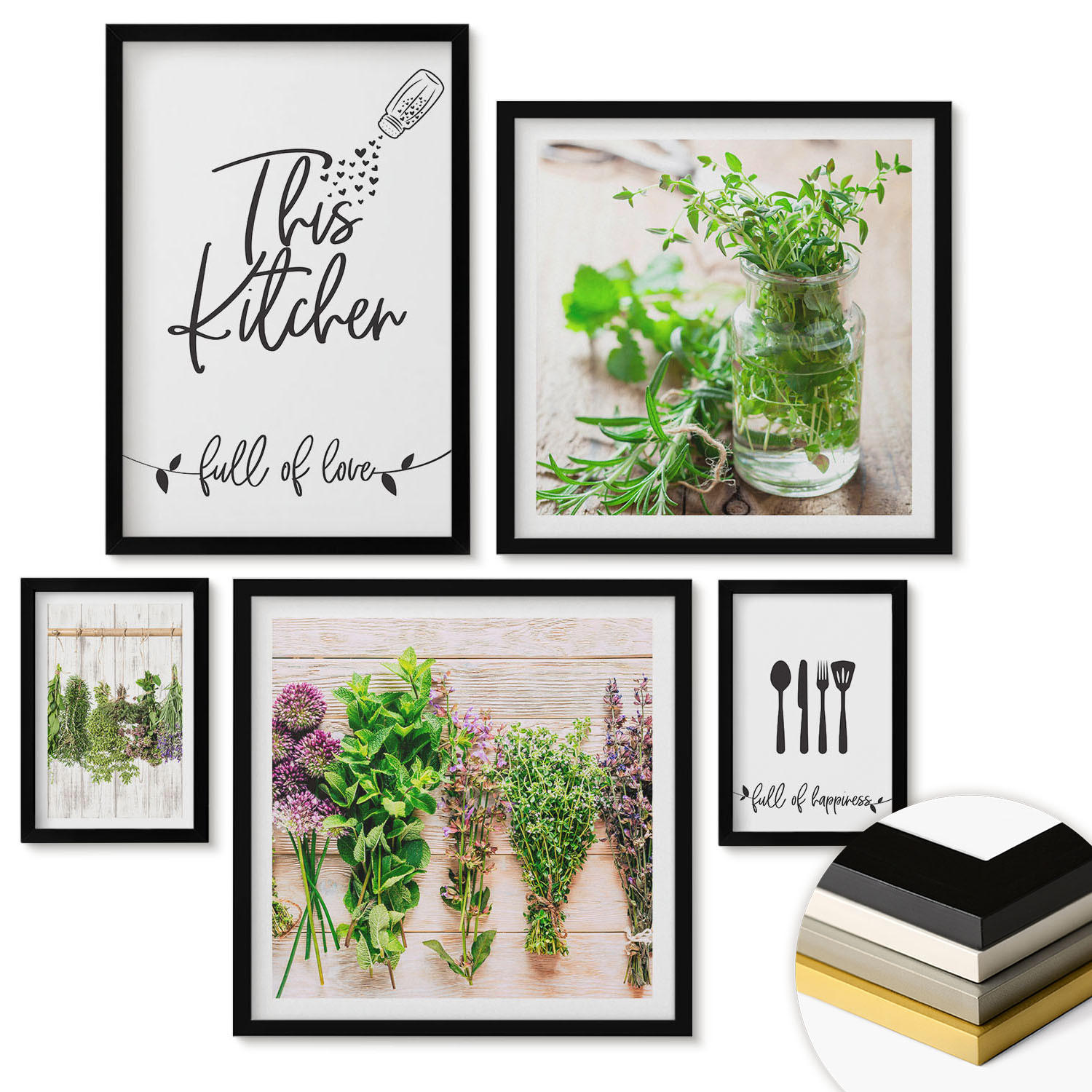 WANDBILDER 5er-Set - 50x50 cm & 20x30 cm & 40x60 cm Schwarzer Rahmen - Kräuterpflanzen zum Trocknen in der Küche - Schwarz, Kunststoff (40/60cm) - ArtPrintCave
