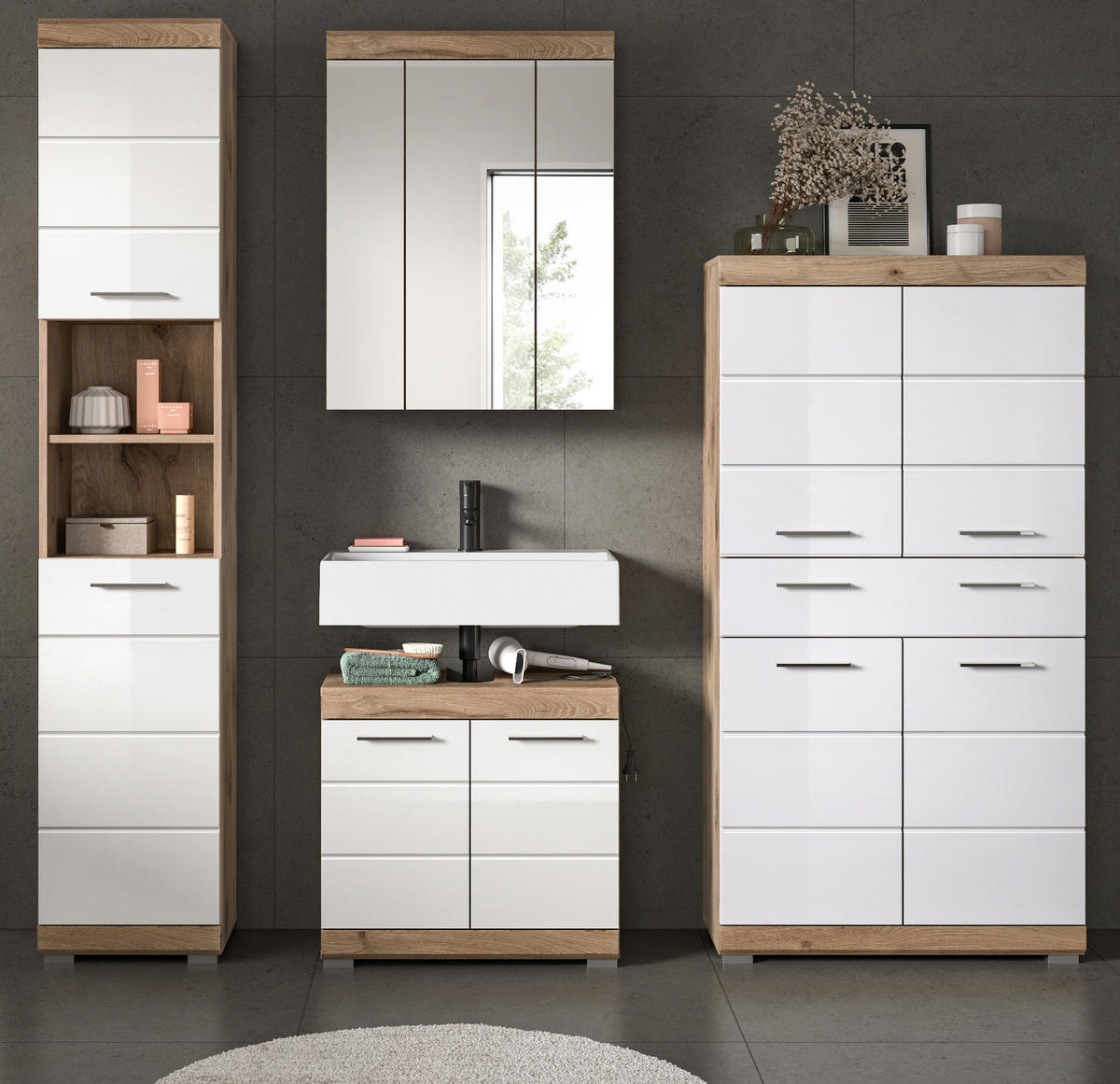 BADMÖBEL-SET weiß Hochglanz, Eiche 4-teilig 200 cm mit viel Stauraum - Weiß Hochglanz/Eichefarben, Glas/Holzwerkstoff (200/191/34cm) - Inn.Furn