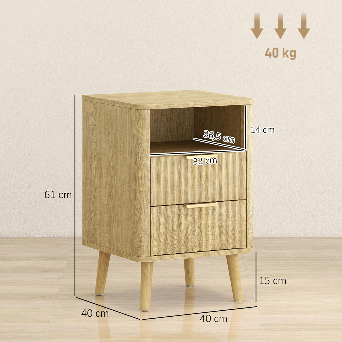 NACHTKOMMODE Eiche MDF und Holz mit 2 Schubladen und offenem Fach 2er-Set - Eichefarben, Holzwerkstoff (40/61/40cm) - PANGIVO