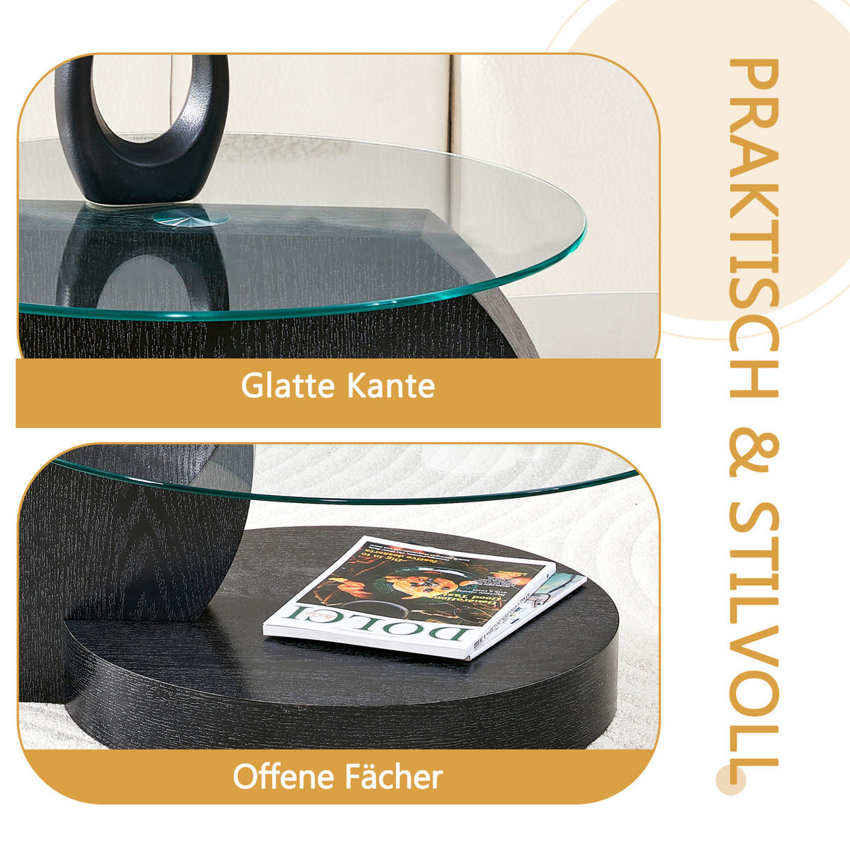 COUCHTISCH 50/70 cm schwarz transparent aus MDF und Sicherheitsglas mit Mehrstufen-Ablage - Transparent, Holzwerkstoff (90/70/44cm) - OKMYHOME