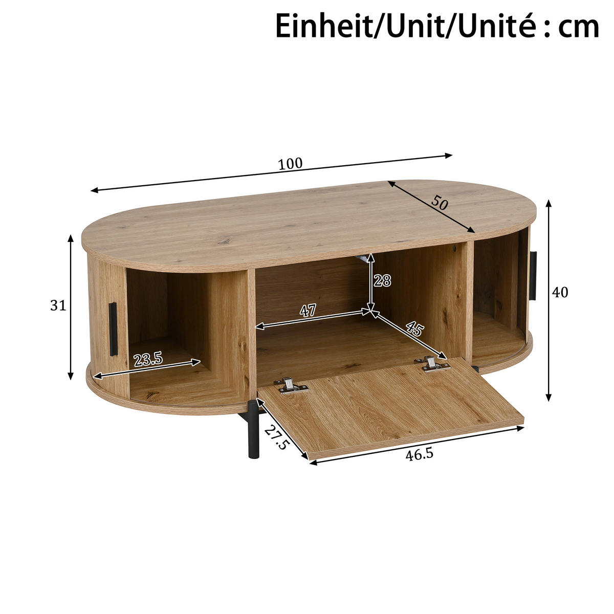 COUCHTISCH in Holzoptik Ovaler Wohnzimmertisch mit Schiebetüren und Stauraum, B100/T50H40(cm) - Schwarz/Naturfarben, Holzwerkstoff/Metall (50/100/40cm) - STILVORA