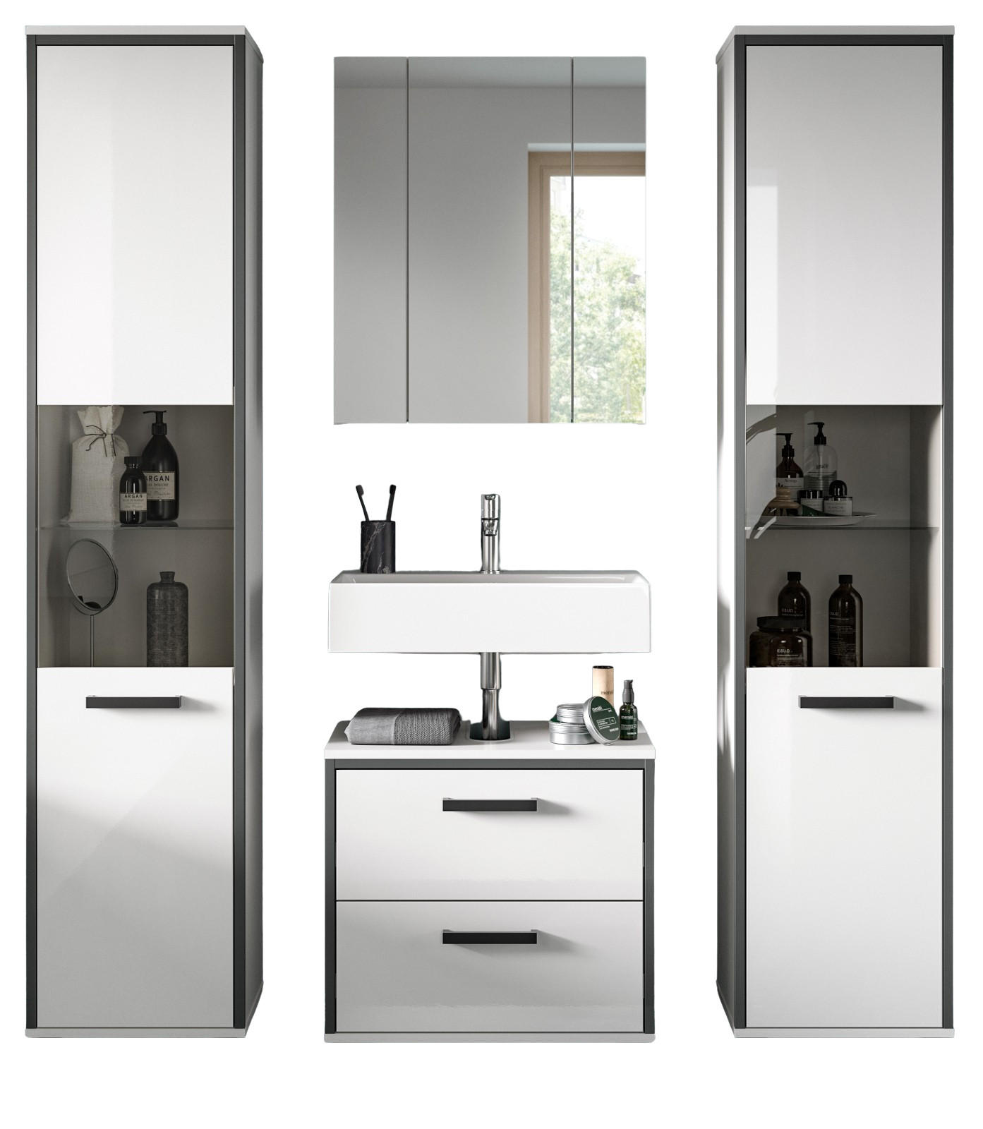 BADMÖBEL-SET 4-teilig Set weiß Hochglanz, grau, Badezimmermöbel mit viel Stauraum - Weiß Hochglanz/Schwarz, Glas/Holzwerkstoff (170/188/37.5cm) - Inn.Furn