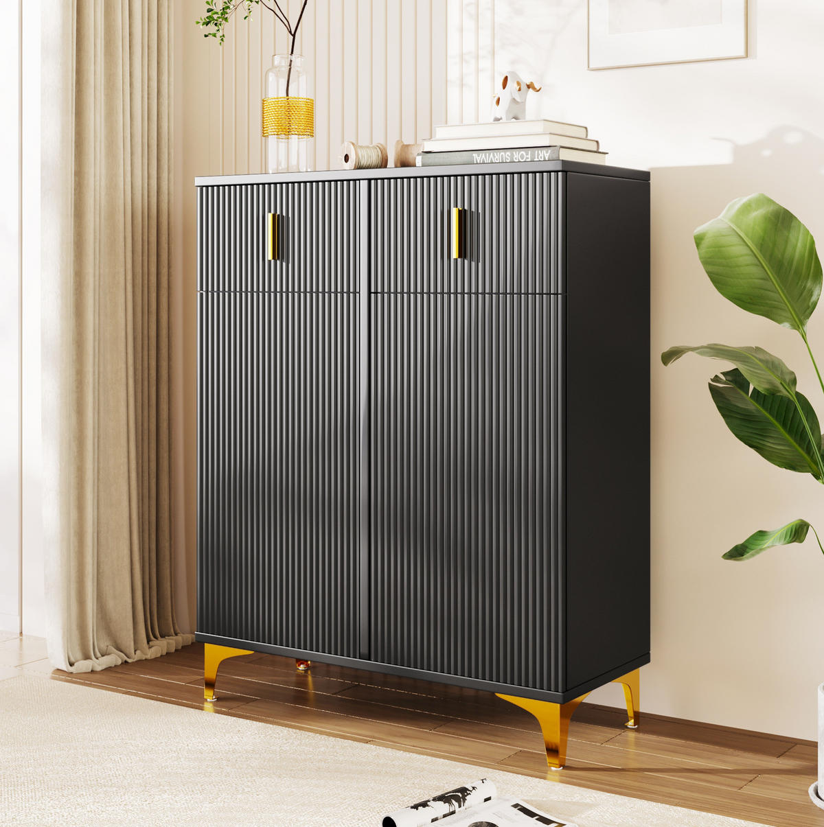 SCHUHSCHRANK mit 2 Schubladen und 2 Türen, strukturierte Paneele mit vergoldeten Akzenten, 83/35/101 cm, Schwarz - Schwarz, Holzwerkstoff (83/35/101cm) - Redom
