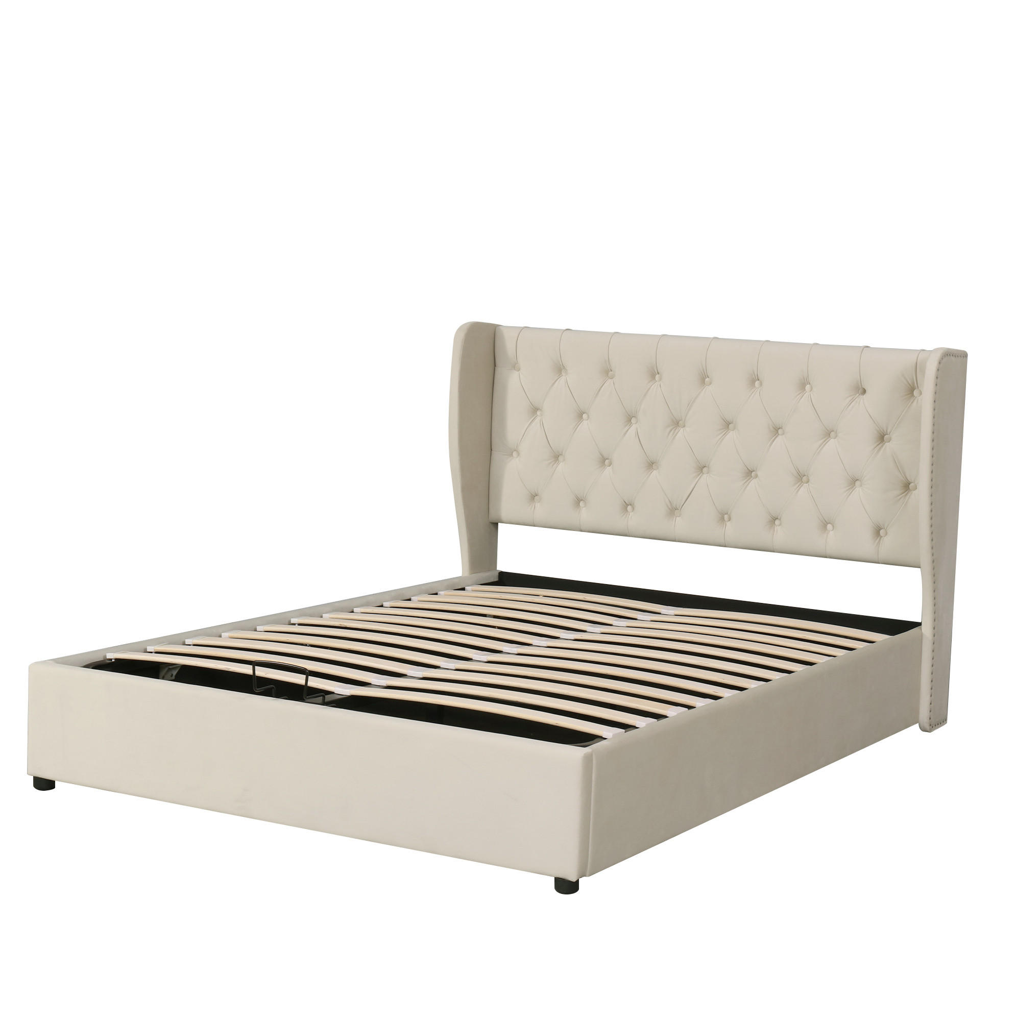 Modfu ČALOUNĚNÁ postel ze sametu 140x200 cm béžová s roštém, hydraulickým úložným prostorem a Chesterfield prošíváním