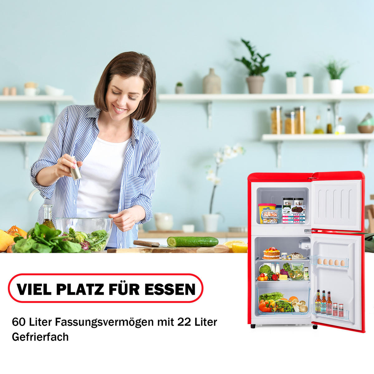 KUHLSCHRANK 45.5/42/88.8 cm Rot 60L mit LED-Licht, Energieklasse E - Rot, Metall (45.5/88.8/42cm) - Oxeza