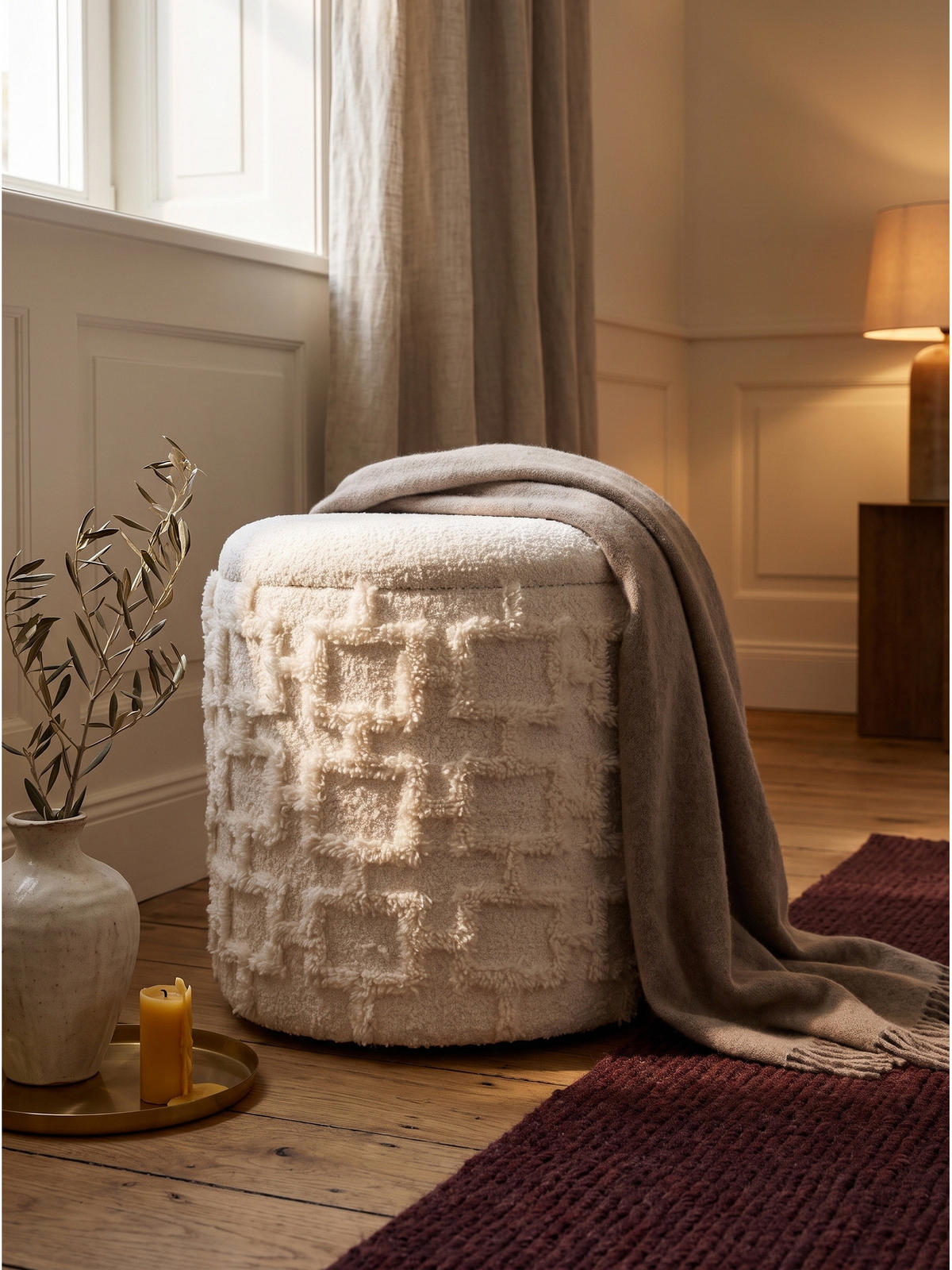SITZHOCKER RHONE, Stoff, mit Textilbezug, mit Stauraum, Creme, Ø 40 x 45 cm - Beige/Creme, Textil (40/45/40cm) - KADIMA DESIGN