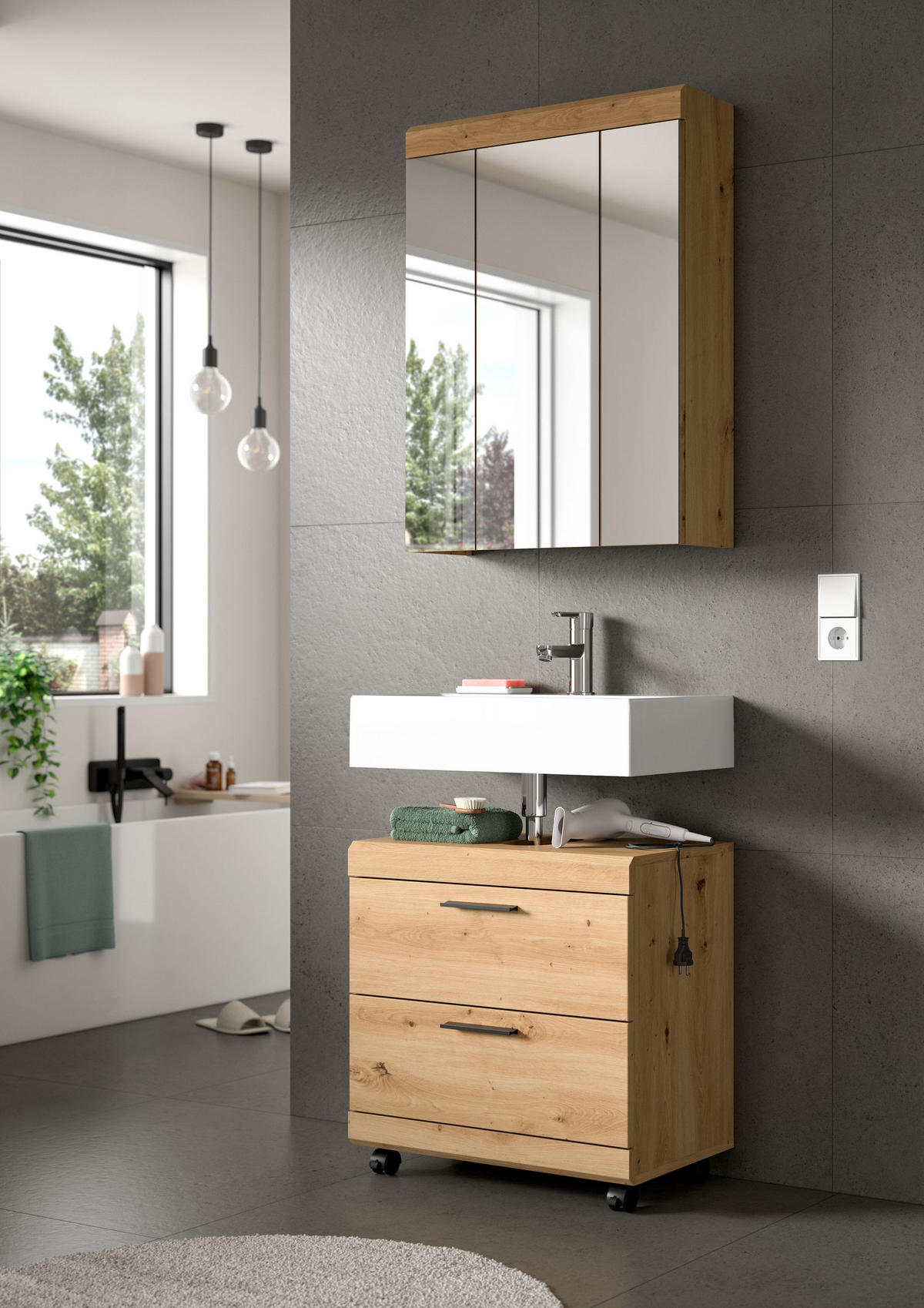 WASCHBECKENUNTERSCHRANK auf Rollen SCOUT (B/H/T: ca. 60/60/34 cm) in Artisan Eiche Nachbildung/Artisan Eiche Nachbildung - Eiche Artisan, Holzwerkstoff (60/60/34cm)