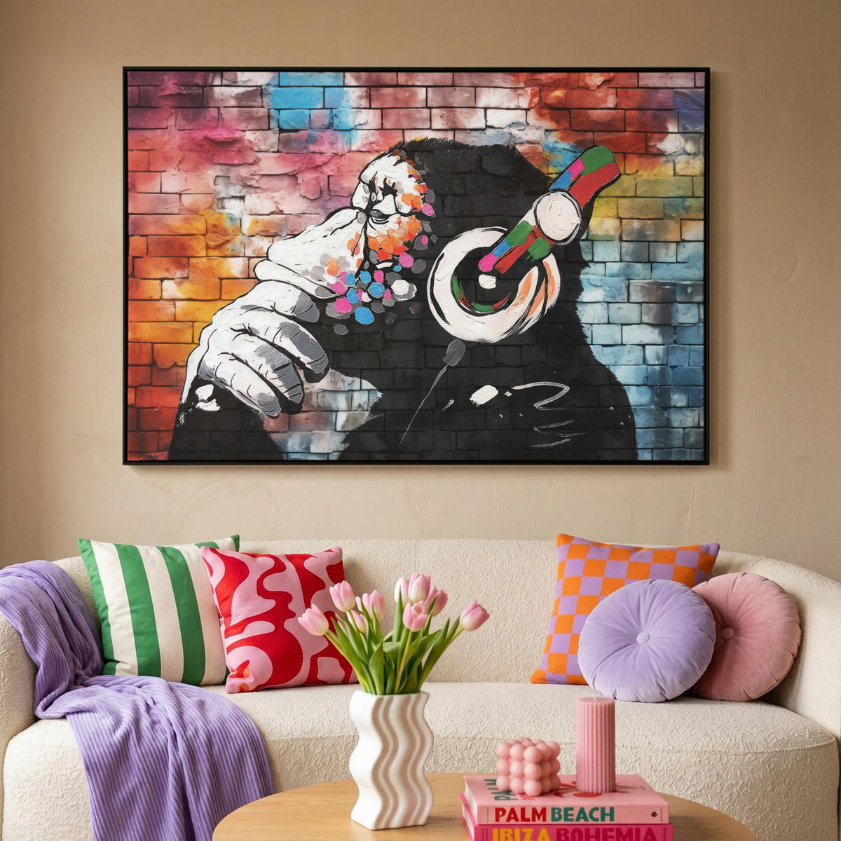 LEINWAND Bilder mit Rahmen - Affe - Graffiti - Musik - 120x80 - Multicolor, Textil (120/80cm) - MuchoWow