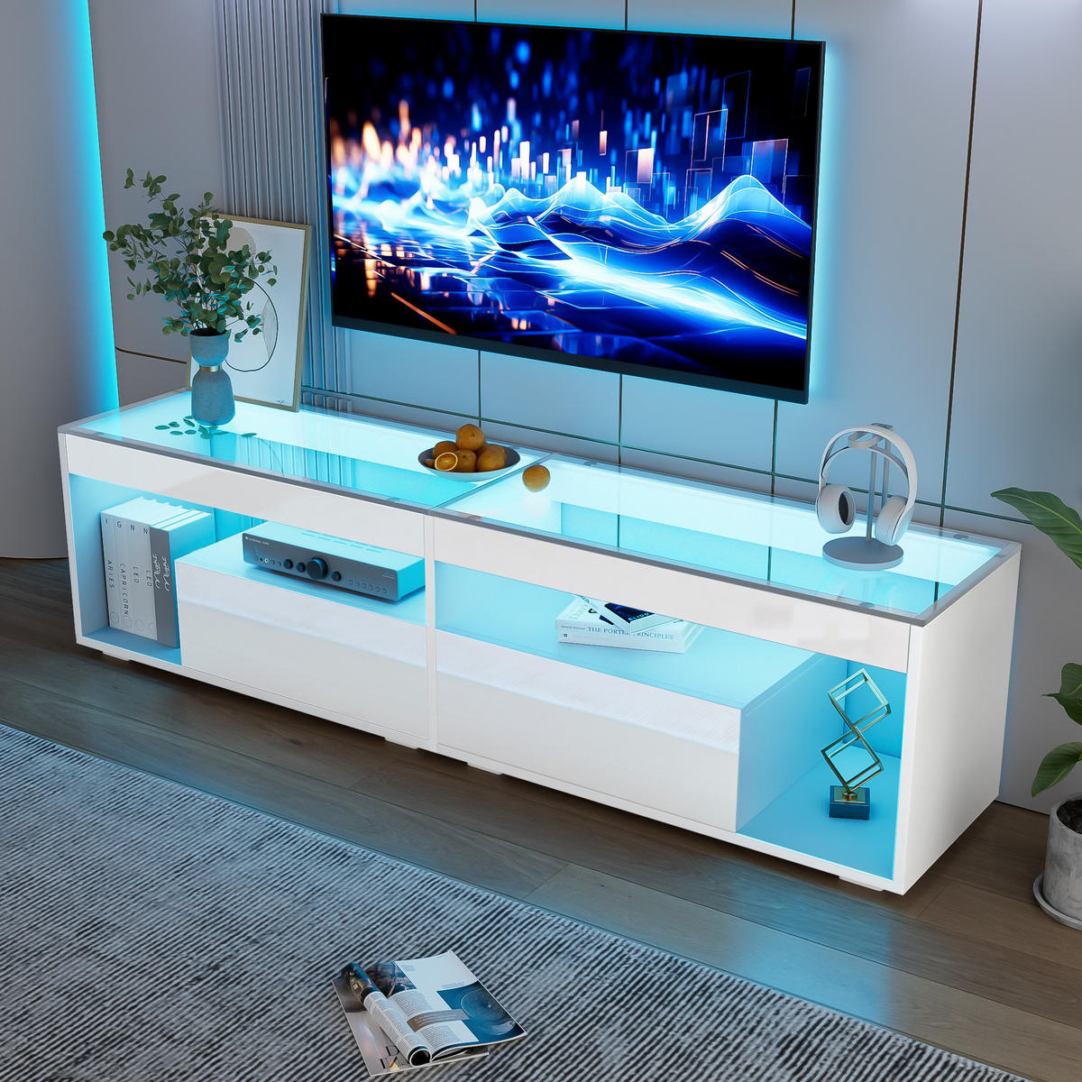 TV-SCHRANK LED Hochglanz 70 Zoll 2 Schubladen Weiß modern - Weiß, Holzwerkstoff (40/46/180cm) - FLIEKS