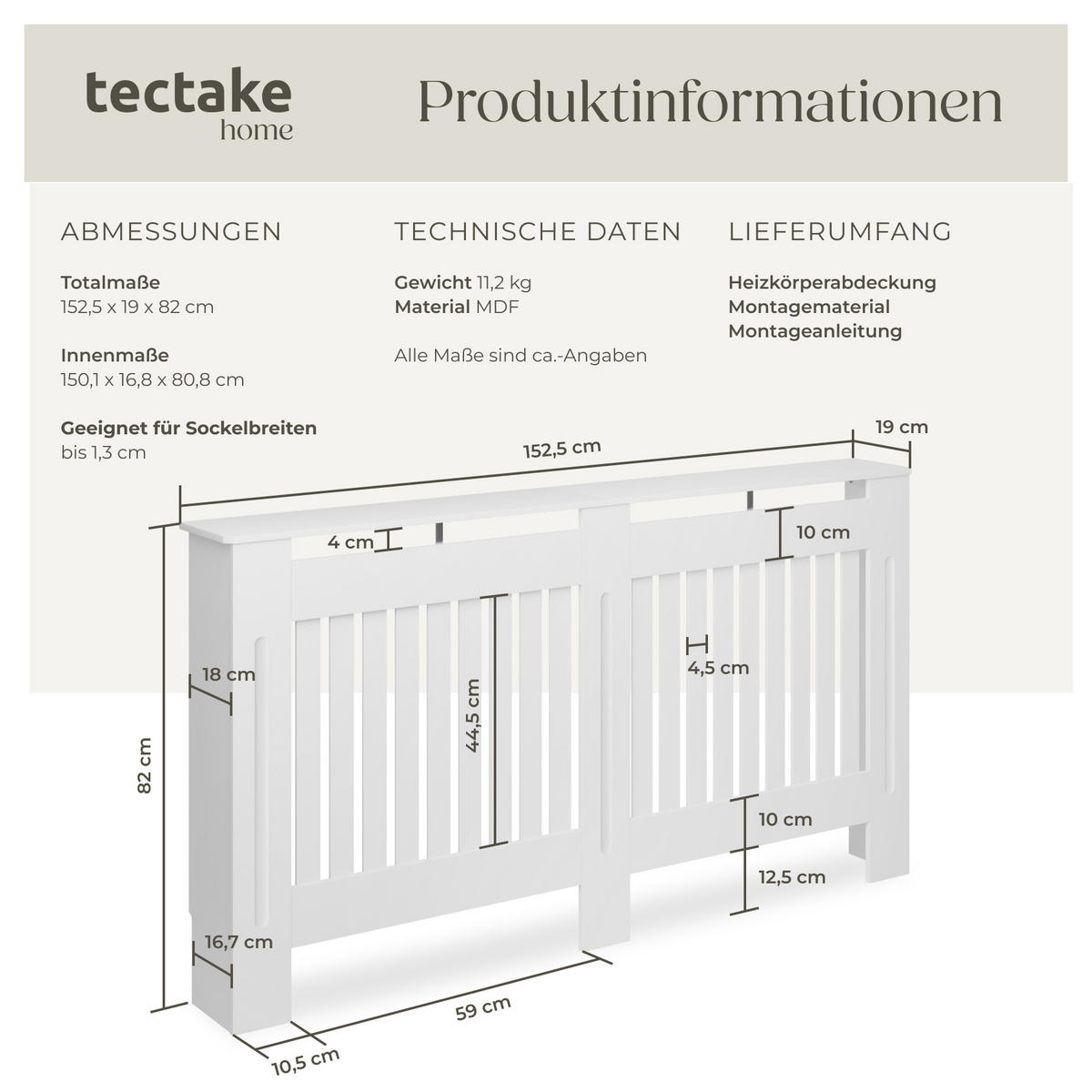 HEIZKÖRPERABDECKUNG Vila,optimale Luftzirkulation,weiß - Weiß, Holz (19/152/82cm) - tectake