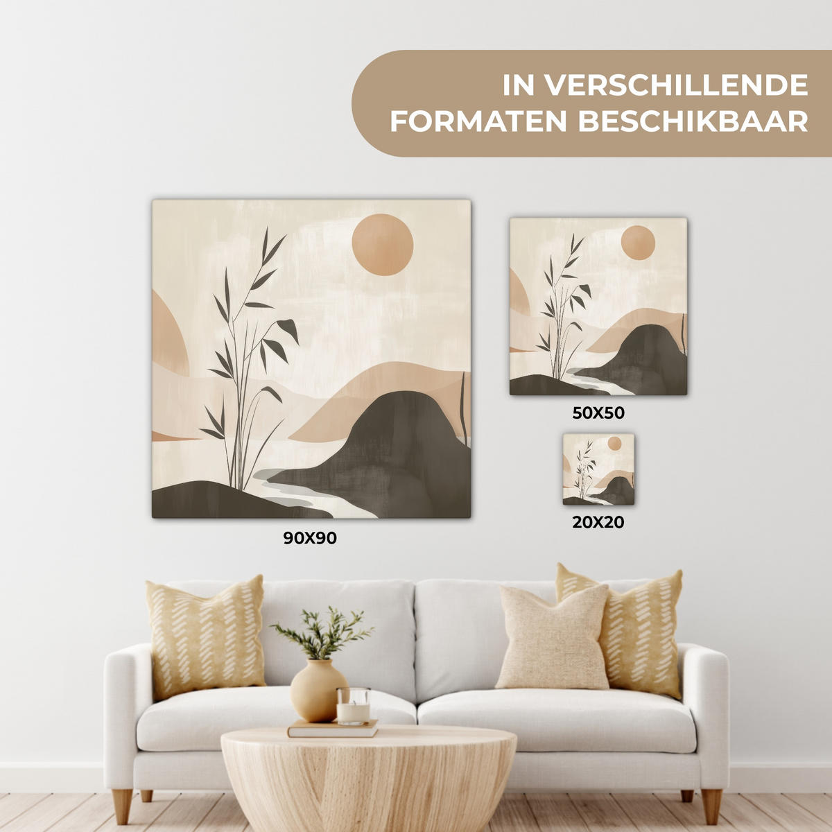 LEINWANDBILD Japandi - Landschaft - Beige 90x90 cm - Cognac, Textil (90/90cm) - MuchoWow