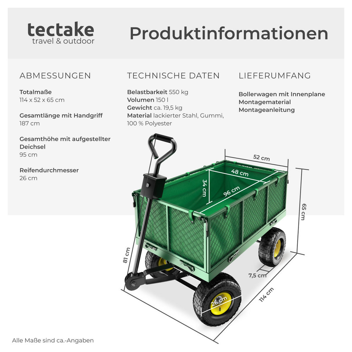 BOLLERWAGEN , Belastbarkeit 550 kg, grün - Grün, Metall (51.5/65/114cm) - tectake