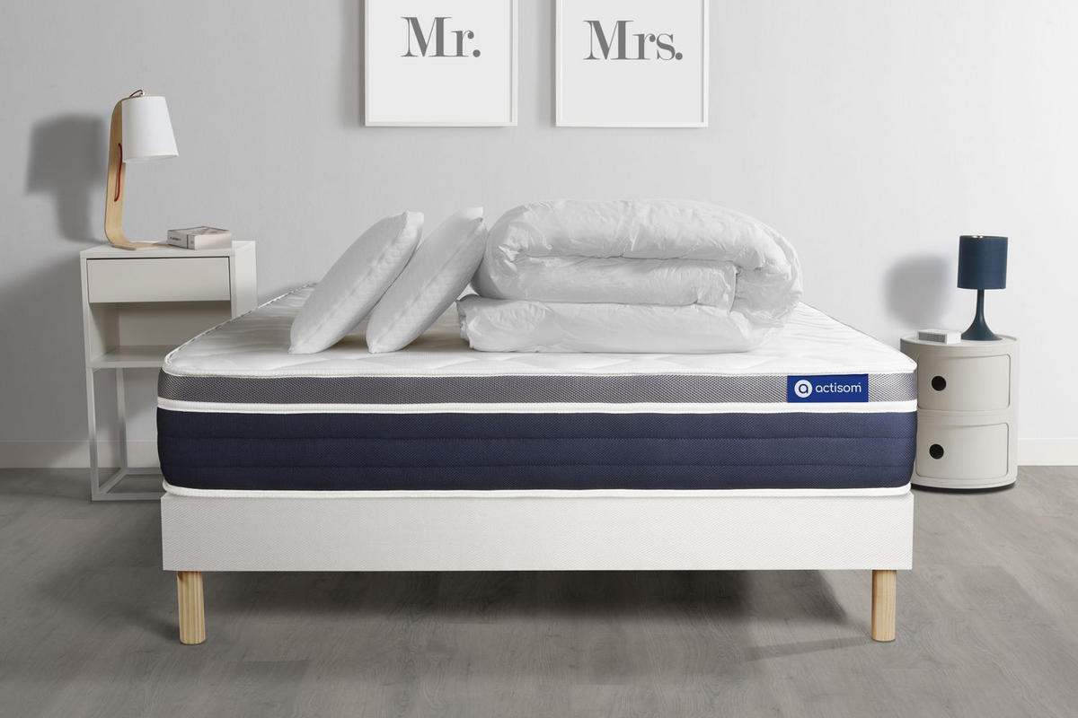 BETT Actilatex confort Latex und Memory-Schaum 180 x 200 cm h2 - Kit Bettgestell Weiß - Mit Kissen und Bettdecke - Beige/Weiß, Holz/Textil (180/200cm) - ACTISOM