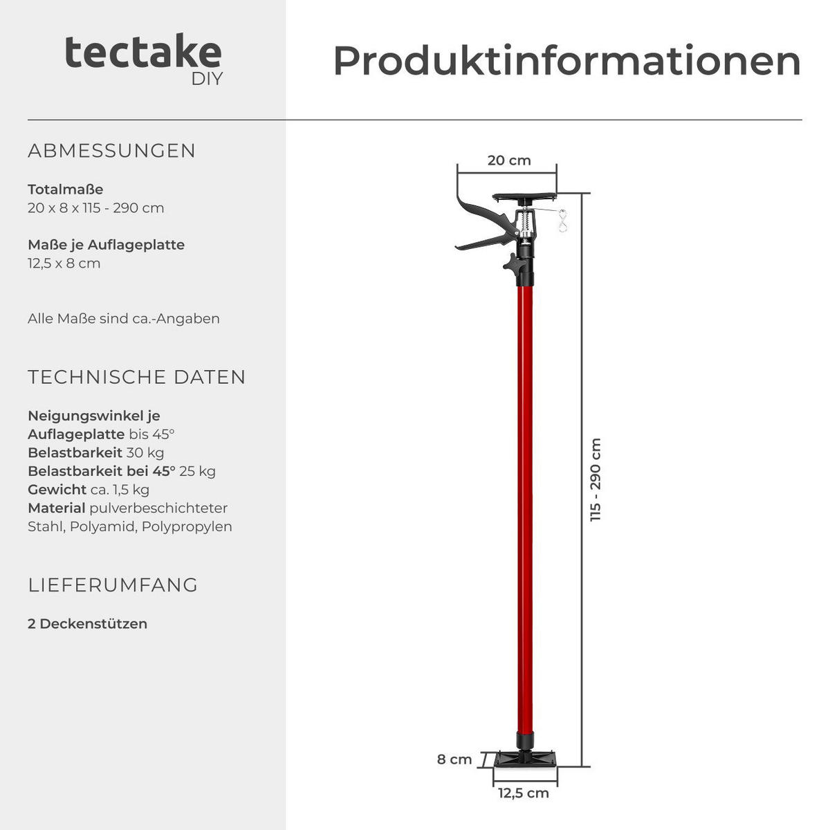 TELESKOPSTÜTZEN 2er Set, mit Schnellspannsystem, rot - Rot, Textil - tectake