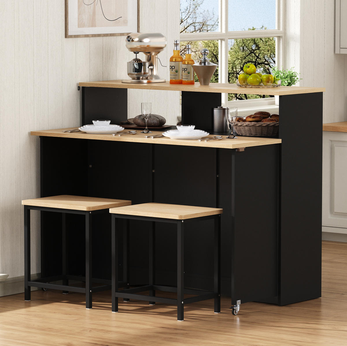 KÜCHENINSEL & Sideboard 110x68x97.5cm Schwarz mit Klappplatte & 2 Hockern - Schwarz, Holzwerkstoff (110/97.5/68cm) - Modfu