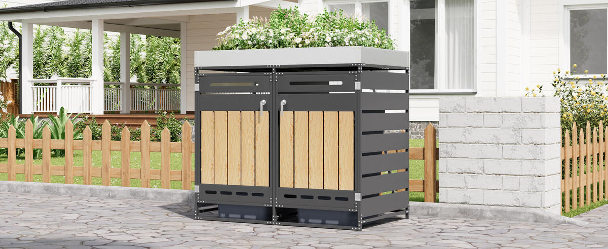 MÜLLTONNENBOX Pflanzkasten Holzoptik Belüftung Schloss - Schwarz, Metall (131/120/79cm) - LEBENLANG