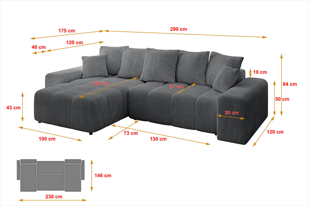 ECKSOFA Ottomane links/rechts ENIL-L 290x175x84 Dunkelgrau Cord - Dunkelgrau, Holzwerkstoff/Kunststoff (290/175cm) - ALTDECOR