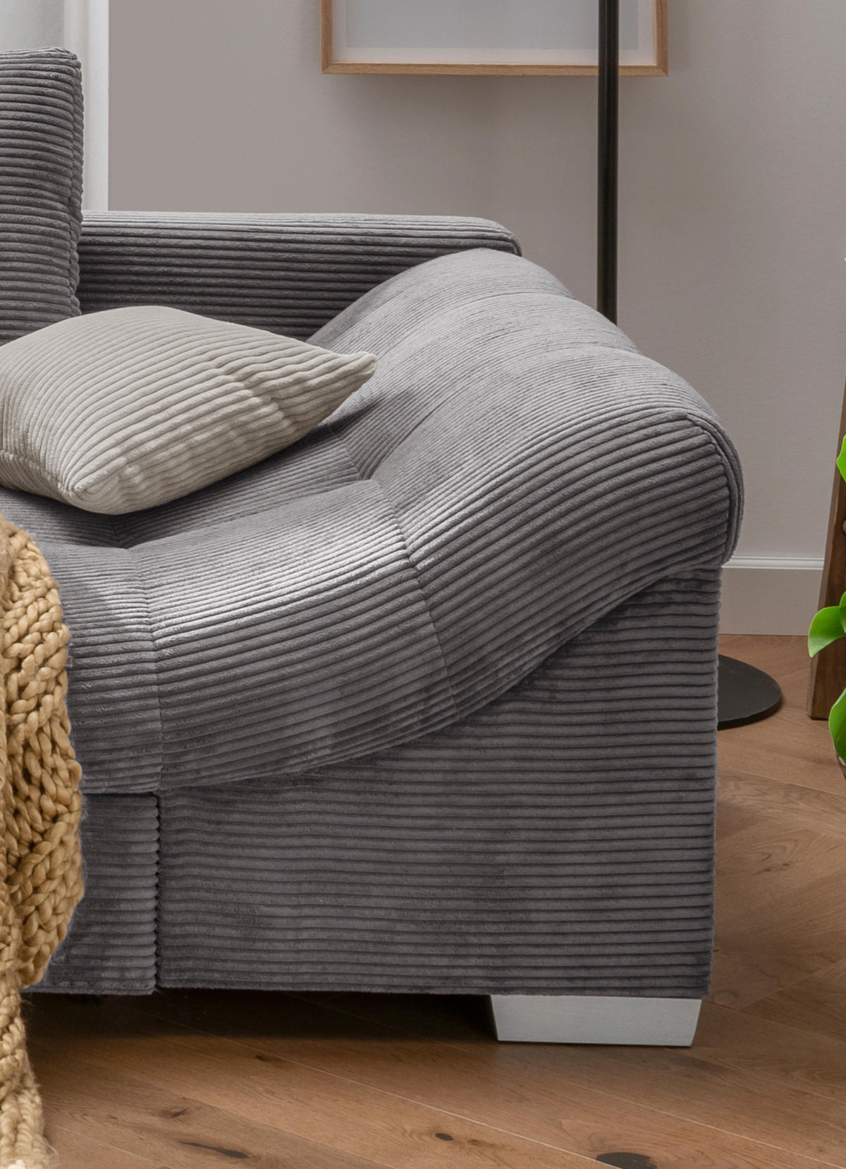 ECKSOFA mit Schlaffunktion, Wellenunterfederung, Ottomane links B298/T202/H84 cm, Liegefl. 154x227 cm, Cord Grau / 17202 - Beige/Silberfarben, Holz/Textil (298/202cm) - luma-home