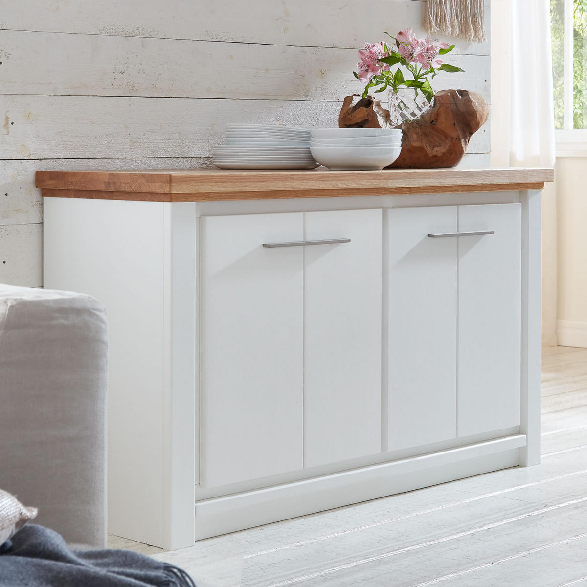 SIDEBOARD 4-trg weiß Olbia Wildeiche 141/45/82 cm - Weiß/Braun, Holz (141/82/45cm) - Casamia Massive Möbel