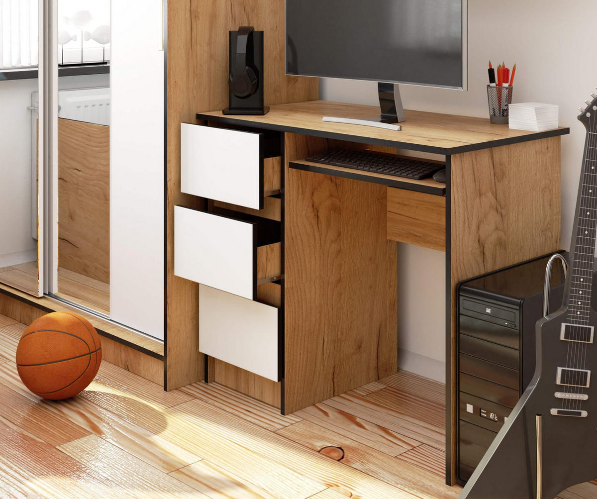 SCHREIBTISCH Links 3 Schubladen, Craft-Weiß, 90x50x77 cm - Weiß/Nickelfarben, Holz (50/90/77cm) - Milordbikes