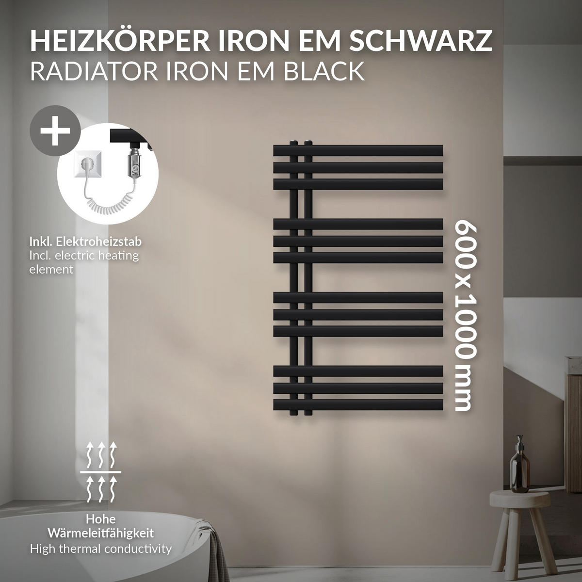 BADHEIZKÖRPER elektrisch Iron EM 600x1000 mm Schwarz mit Heizstab 600W - Schwarz, Metall (60/100/3cm) - LuxeBath