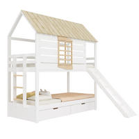 ETAGENBETT aus Kiefer und MDF 90x200 cm Weiß/Natur mit Rutsche, 2 Schubladen und Hausdach - Weiß, Holzwerkstoff (90/200cm) - Modfu