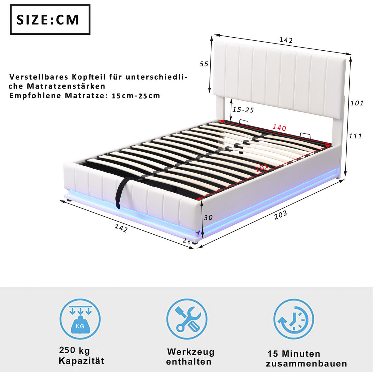 ČALÚNENÁ posteľ z umelej kože 140x200 cm biela s LED osvetlením, hydraulickým úložným priestorom a zvýšenou nosnosťou - biela, textil (140/200cm) - Modfu