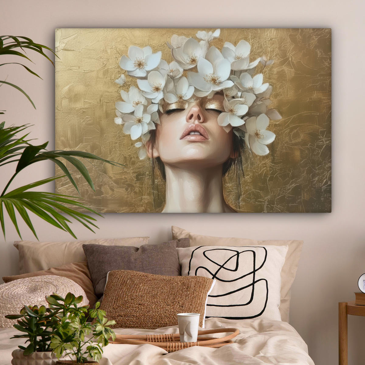 LEINWANDBILD Gesicht - Blumen - Gold - Abstrakt Wohnzimmer Groß 120x80 cm - Goldfarben, Textil (120/80cm) - MuchoWow