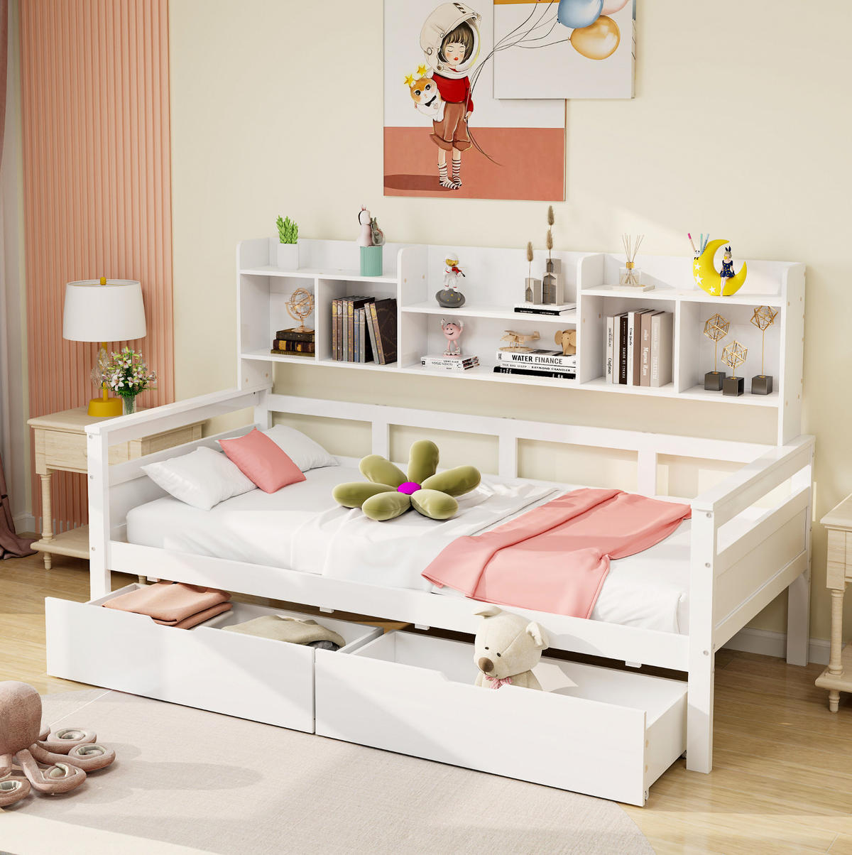 KINDEREINZELBETTEN aus Holz 90x200 cm in Weiß mit Schubladen & Regalfächern - Weiß, Holz (90/200cm) - Modfu