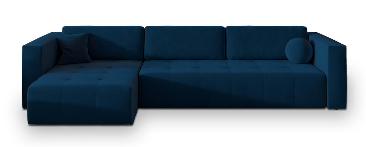 ECKSOFA OLVERA Blau Plüsch-Stoff mit Schlaffunktion - Blau, Holz (347/148cm) - MASSENO