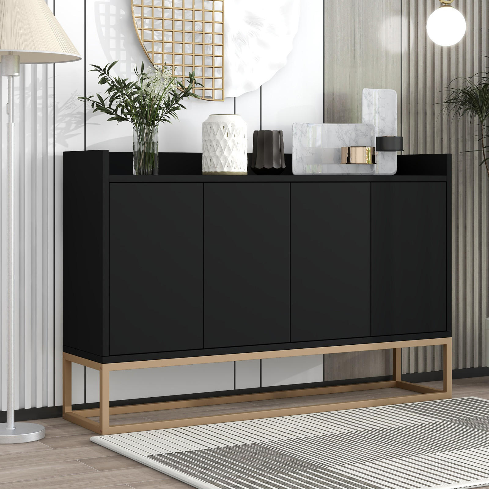 SIDEBOARD, Kommode mit 4 Türen, Verstellbaren Einlegeböden und goldenen Metallrahmen, Schwarz - Schwarz, Holz (30/80/120cm)