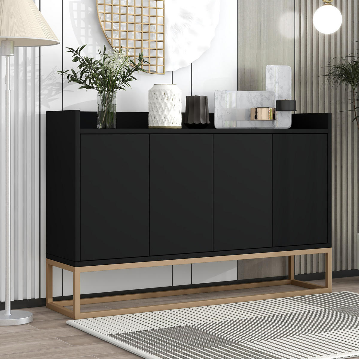 SIDEBOARD, Kommode mit 4 Türen, Verstellbaren Einlegeböden und goldenen Metallrahmen, Schwarz - Schwarz, Holz (30/80/120cm)