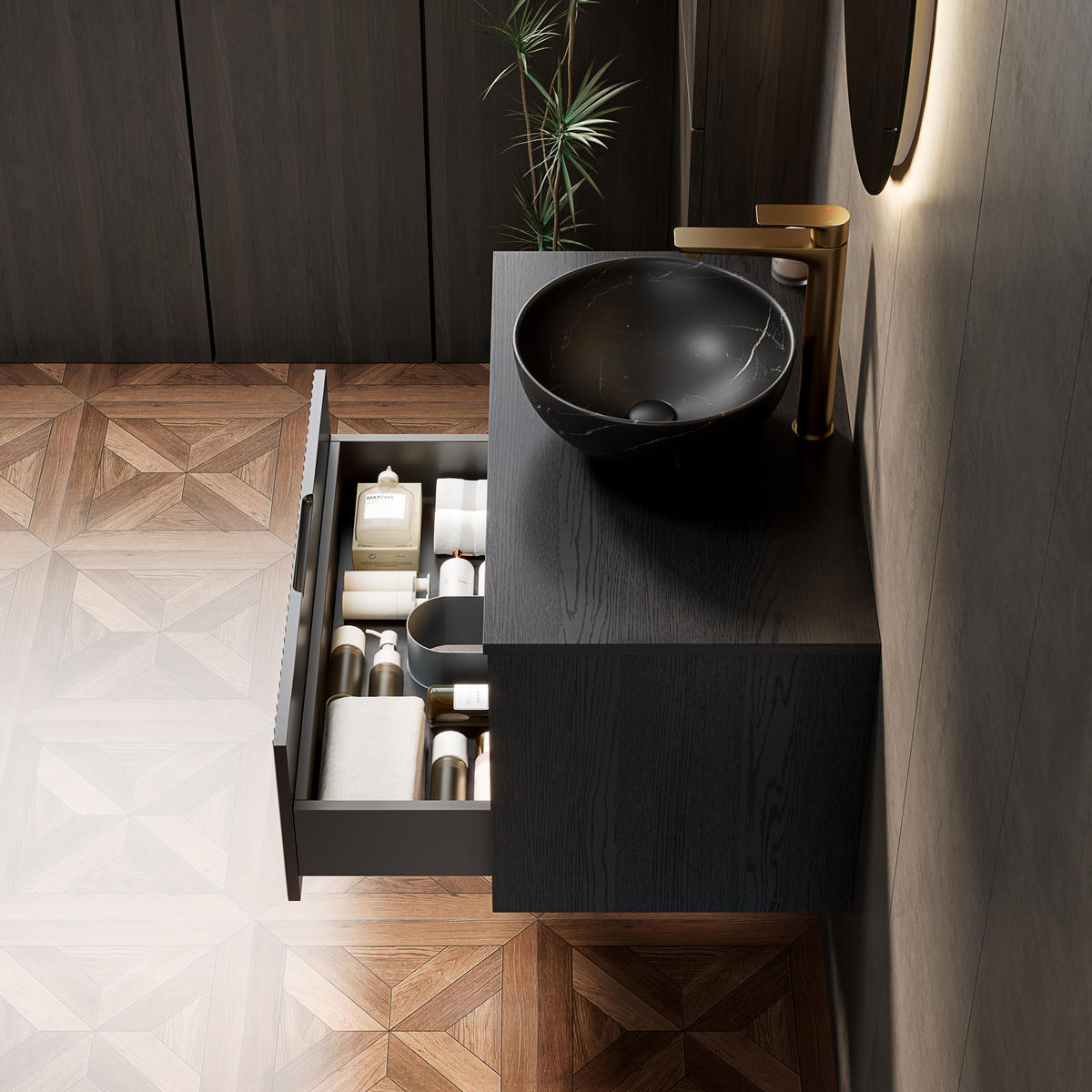 WASCHTISCHKOMBI 80x46x60.8cm in Schwarz mit Sensor-LED, Soft-Close & Massivholzfront - Schwarz, Keramik (80/60.8/46cm) - Modfu