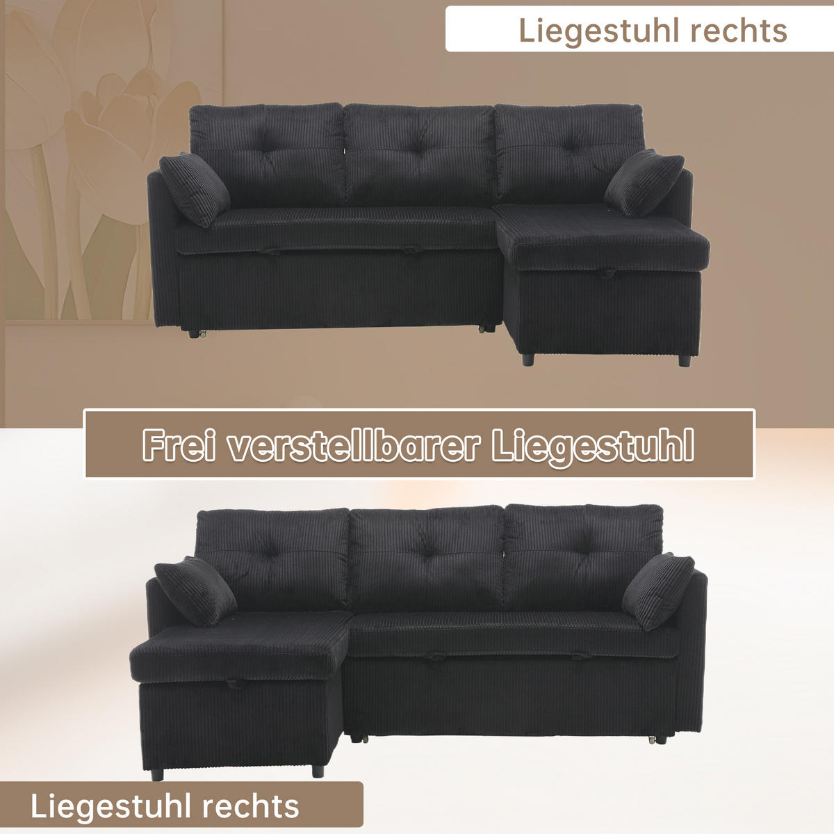 ECKSCHLAFSOFA Cord modular mit Stauraum Schwarz 206/108/66 cm - Schwarz, Textil (108/206cm) - Redom