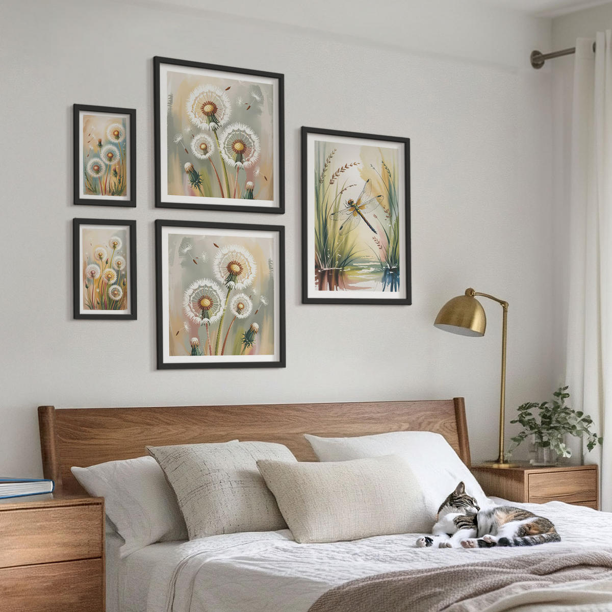 WANDBILDER 5er-Set - 50x50 cm & 20x30 cm & 40x60 cm Schwarzer Rahmen - Pastellfarbene Löwenzahnblüten - Schwarz, Kunststoff (40/60cm) - ArtPrintCave