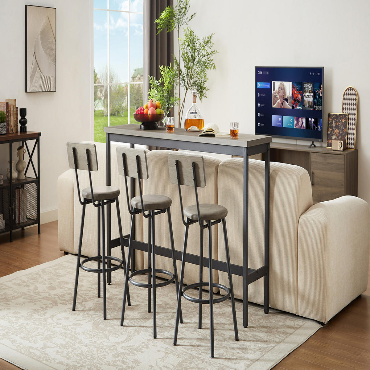 BARTISCH-SET 3 Hockern Industrie-Design Stahl 160cm - Grau, Holzwerkstoff/Metall (171/49.5/13.5cm) - Raelunyi
