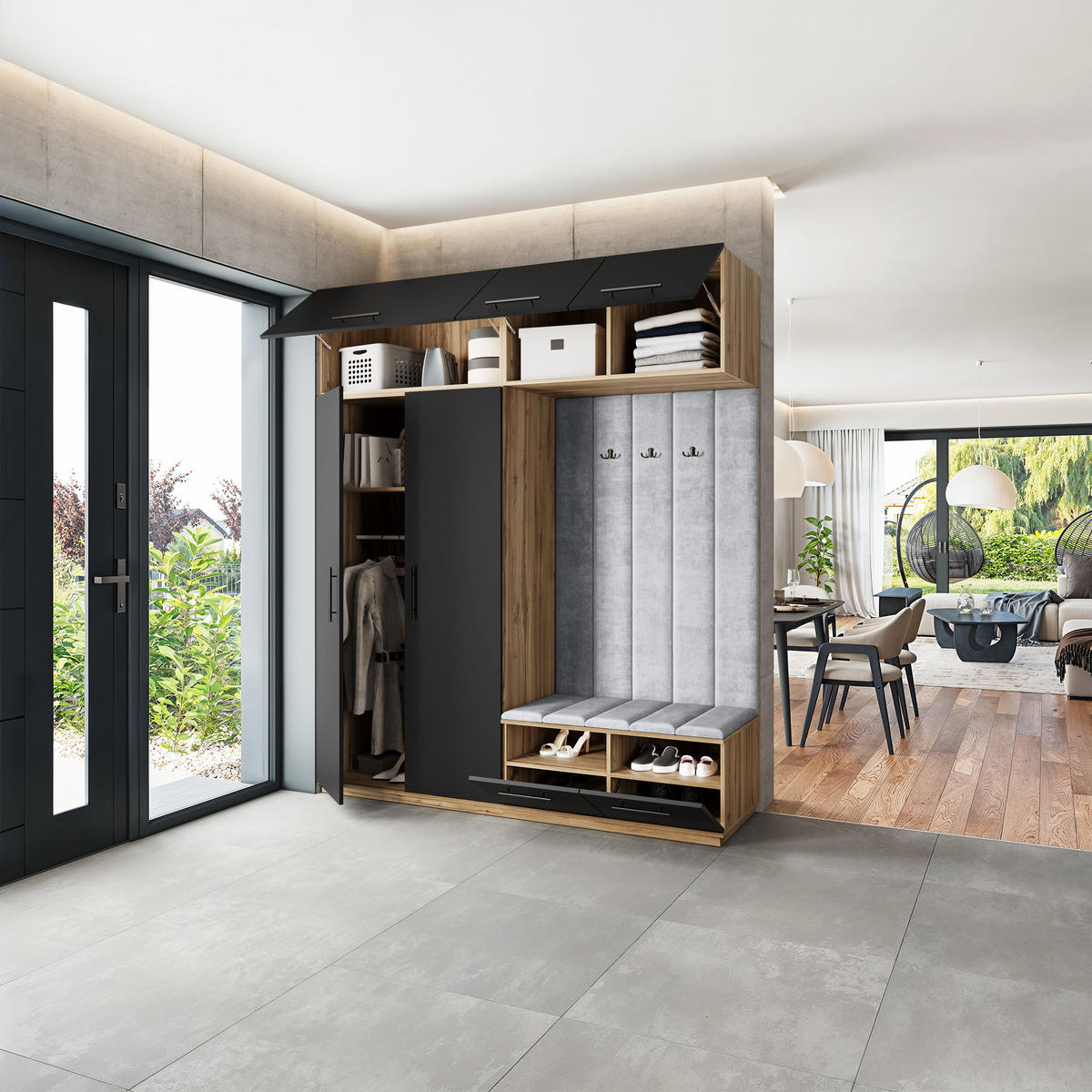 GARDEROBENSCHRANK REMA 200/240/60 cm Modern Eiche Wotan - Eiche Wotan/Schwarz, Holzwerkstoff (200/240/60cm) - MASSENO