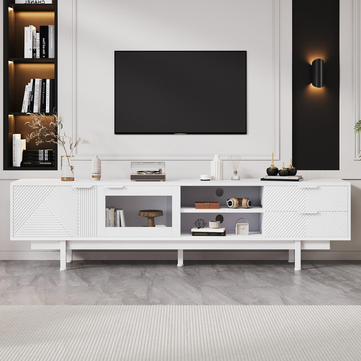 TV-SCHRANK 200/40/50,5 cm Weiß mit 2 Türen und 2 Schubladen für 80 Zoll - Weiß, Holzwerkstoff (200/50.5/40cm) - Oxeza
