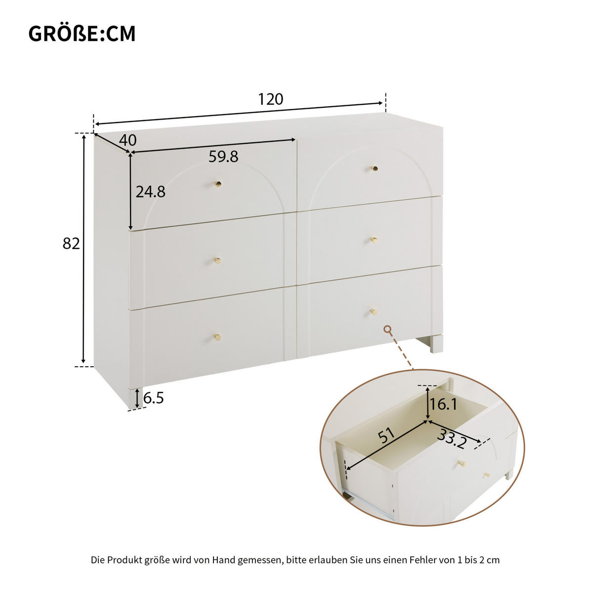 KOMMODE, 6 Schubladen, cremeweiß im romantischen Luxusstil, 120x40x82 cm, Weiß - Weiß, Holzwerkstoff (40/82/120cm) - Modfu