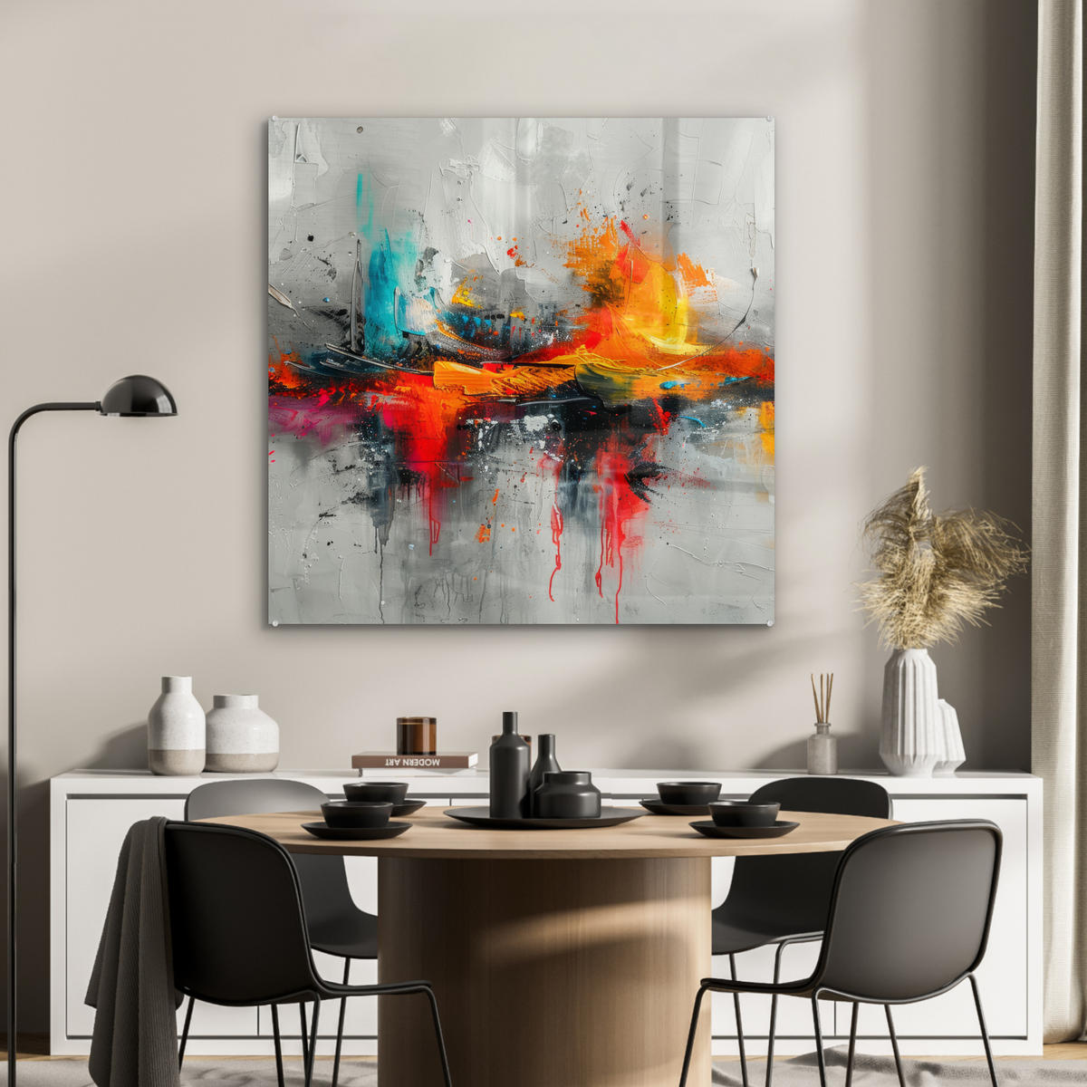 ACRYLGLASBILD Moderne Kunst - Orange - Grau - Abstrakt 90x90 cm - Hellgrau, Glas (90/90cm) - MuchoWow