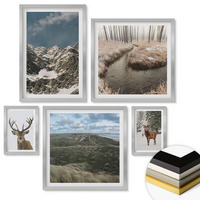 WANDBILDER 5er Set - 50x50 cm & 20x30 cm & 40x60 cm Silberner Rahmen - Berge, Schnee, Hirsche, Waldlandschaft - Silberfarben, Kunststoff (40/60cm) - ArtPrintCave