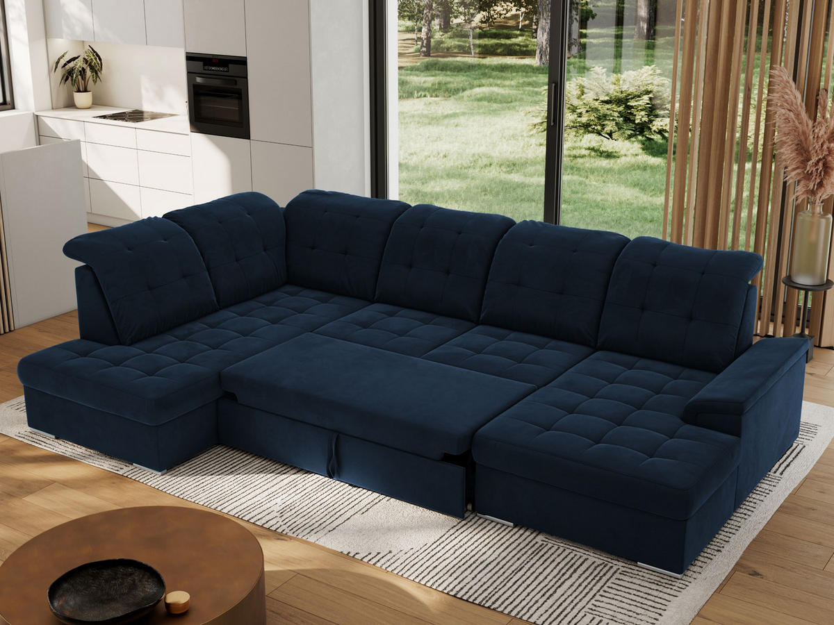 WOHNLANDSCHAFT MADRITO U - Dunkelblau Velorus - Links - Silberfarben/Dunkelblau, Textil/Metall (204/89/323cm) - MKS
